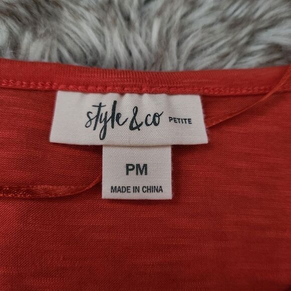 Style & Co Petite Ruched Sleeve Sheer Trim Tunic Top Red Petite Size Medium - Picture 5 of 11